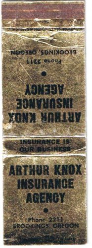 Matchbook Cover Brookings OR Arthur Knox Insurance Agency