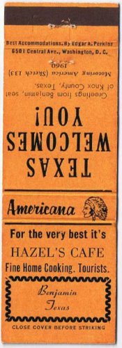 Matchbook Cover Hazel's Cafe Benjamin Texas Welcomes You Orange