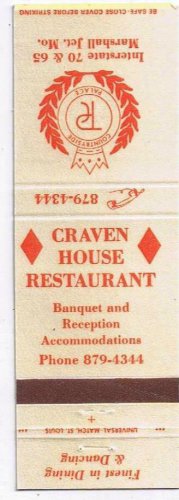 Matchbook Cover Marshall Jet MO Craven House Restaurant