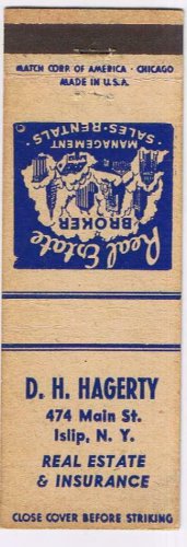 Matchbook Cover DH Hagerty Insurance Real Estate Islip New York