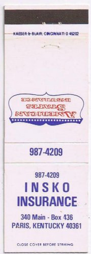 Matchbook Cover Paris KY Insko Insurance American States Insurance