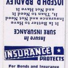 Matchbook Cover Hard Coal Joe Bradley Joseph P Bradley Insurance Mount Carmel PA