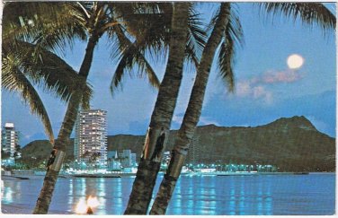 Postcard Waikiki Beach Moonlight Diamond Head Honolulu Hawaii