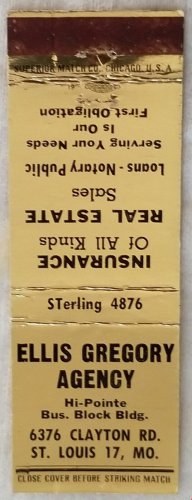 Matchbook Cover Ellis Gregory Agency Insurance St Louis Missouri