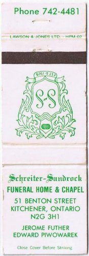 Matchbook Cover Schreiter Sandrock Funeral Home & Chapel Kitchener Ontario