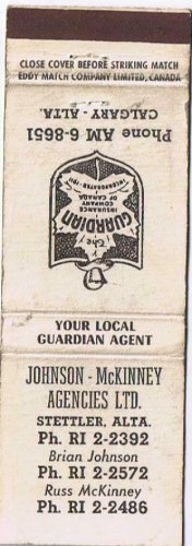 Matchbook Cover Johnson McKinney Insurance Agencies Stettler Alberta