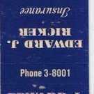 Matchbook Cover Edward J Ricker Insurance Lima Ohio