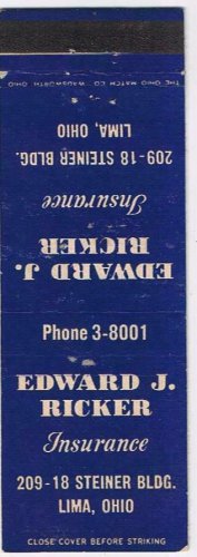 Matchbook Cover Edward J Ricker Insurance Lima Ohio