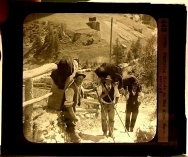 Magic Lantern Glass Slide Carrying Goods in the Alps Switzerland Keystone 1870s