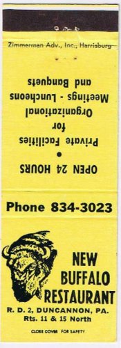 Matchbook Cover New Buffalo Restaurant Duncannon Pennsylvania Yellow