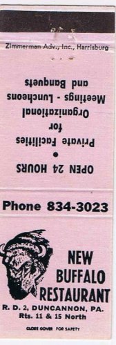 Matchbook Cover New Buffalo Restaurant Duncannon Pennsylvania Purple