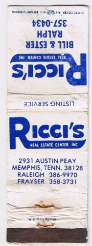 Matchbook Cover Ricci's Real Estate Center Bill & Ester Ralph Memphis Tennessee