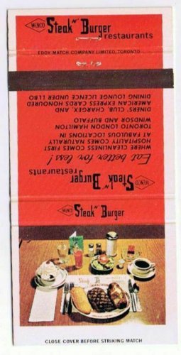 Winco Matchbook Cover Steak N Burger Restaurants Eddy Match Toronto