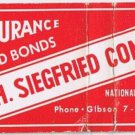 Matchbook Cover RH Siegfried Insurance Tulsa Oklahoma