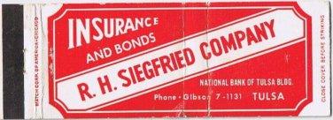 Matchbook Cover RH Siegfried Insurance Tulsa Oklahoma