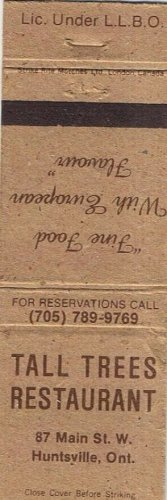 Matchbook Cover Tall Trees Restaurant Huntsville Ontario