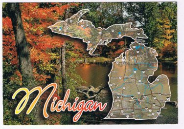 Michigan Postcard Map With Autumn Scene