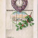 Postcard Happy New Year Clock Violets Mistletoe Snow Scene