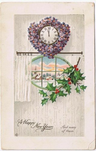 Postcard Happy New Year Clock Violets Mistletoe Snow Scene