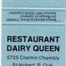 Matchbook Cover Dairy Queen St Hubert Quebec Pale Blue