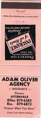 Matchbook Cover Adam Oliver Agency Insurance Otterville Ontario