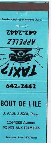 Matchbook Cover Taxi Bout De L'Ile Pointe Aux Trembles
