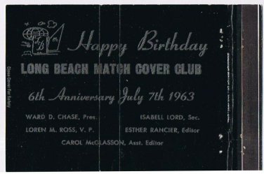 Matchbook Cover Long Beach Match Cover Club Happy Birthday Black