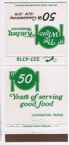 Matchbook Cover The White Kitchen Livingston Texas 50th Anniversary