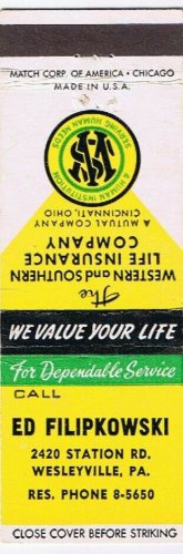Matchbook Cover Ed Filipkowski Insurance Wesleyville Pennsylvania