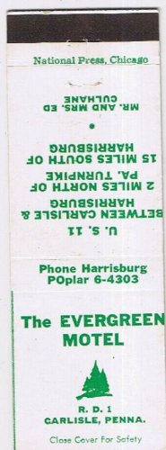 Matchbook Cover The Evergreen Motel Carlisle Pennsylvania Ed Culhane