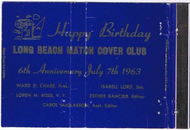 Matchbook Cover Long Beach Match Cover Club Happy Birthday Blue