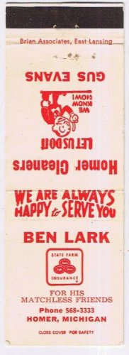 Matchbook Cover Ben Lark Insurance Homer Michigan