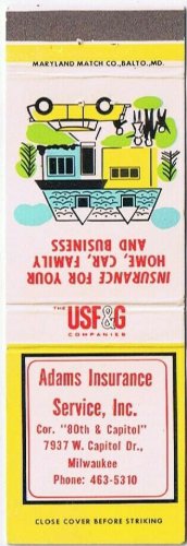 Matchbook Cover Adams Insurance Service Milwaukee Wisconsin