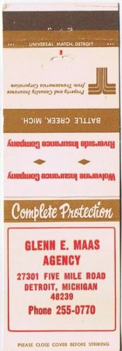 Matchbook Cover Glen E Maas Agency Insurance Detroit Michigan
