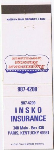 Matchbook Cover INSKO Insurance Paris Kentucky