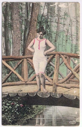 Postcard Bather On Bridge Reflecting In River