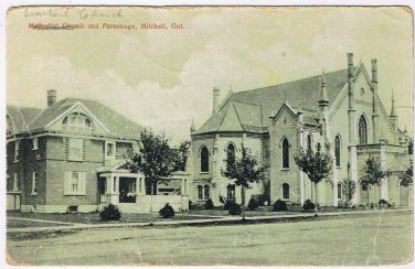 Postcard Methodist (United) Church & Parsonage Mitchell Ontario