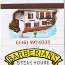 Matchbook Cover Barberian's Steak House Fine Steaks & Wine Toronto Ontario