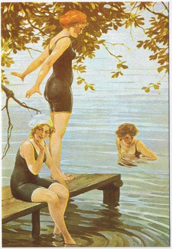 Postcard Ladies At The Bathing Beach Diving Board