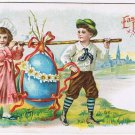 Postcard Embossed Easter Greetings Boy Girl Carrying Egg On A Pole