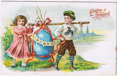 Postcard Embossed Easter Greetings Boy Girl Carrying Egg On A Pole