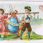 Postcard Embossed Easter Greetings Boy Girl Carrying Egg On A Pole