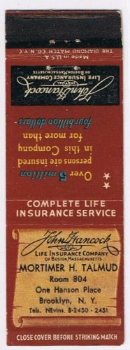 Matchbook Cover Mortimer H Talmud Insurance Brooklyn New York