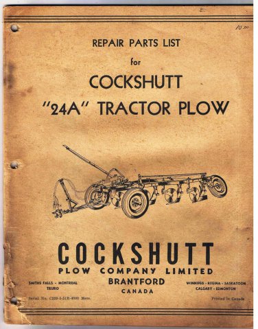 Cockshutt 24A Tractor Plow Repair Parts List 29 Pages