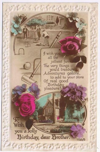 Birthday Postcard Brother Embossed Roses Cricket & Church