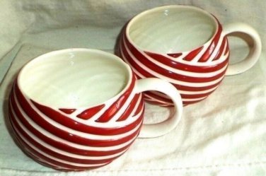 STARBUCKS  Coffee Mugs (2) 2013 Ball Yarn Wool Ribbon Stripe Red & White 12oz