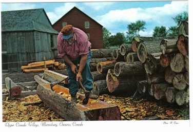 Ontario Postcard Morrisburg Upper Canada Village Logs Trough Adzing