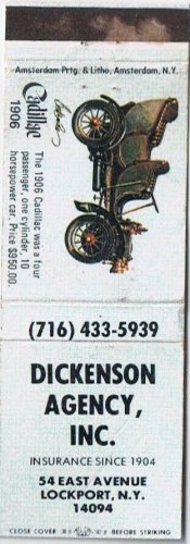 Matchbook Cover Dickenson Insurance Lockport New York Cadillac 1906
