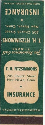 Matchbook Cover TH Fitzsimmons Insurance New Haven Connecticut