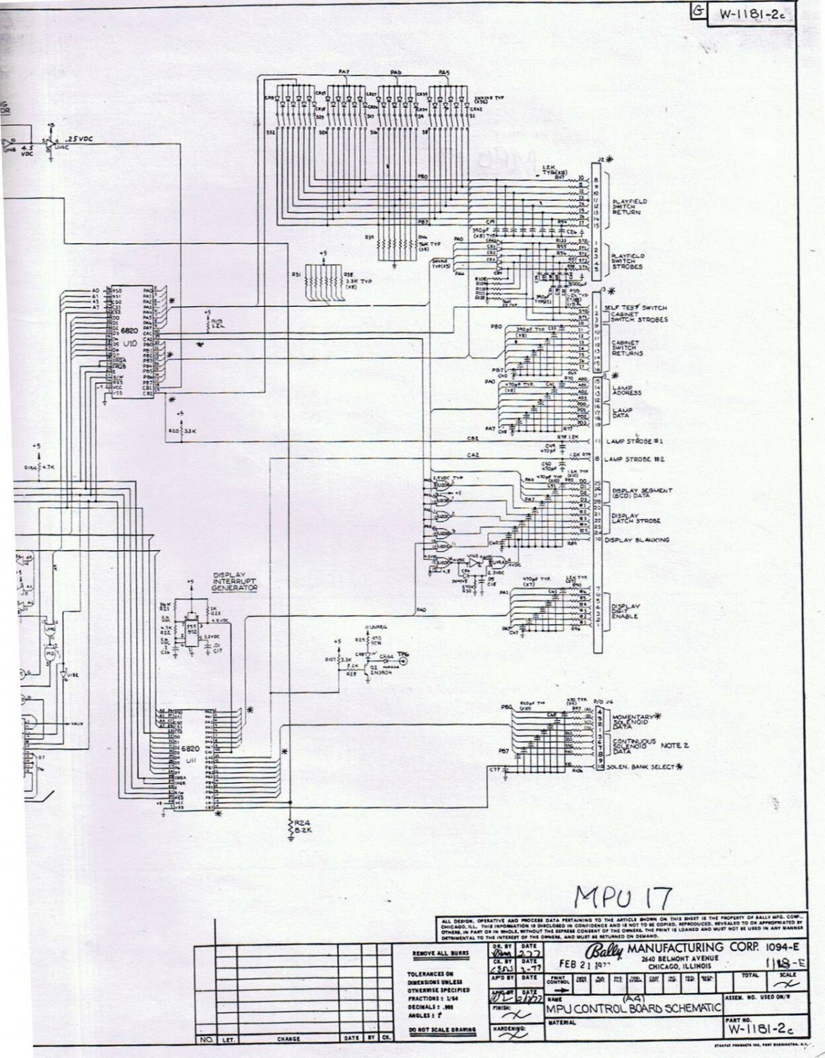 Bally Pinball MPU 17 Early Schematic Diagram